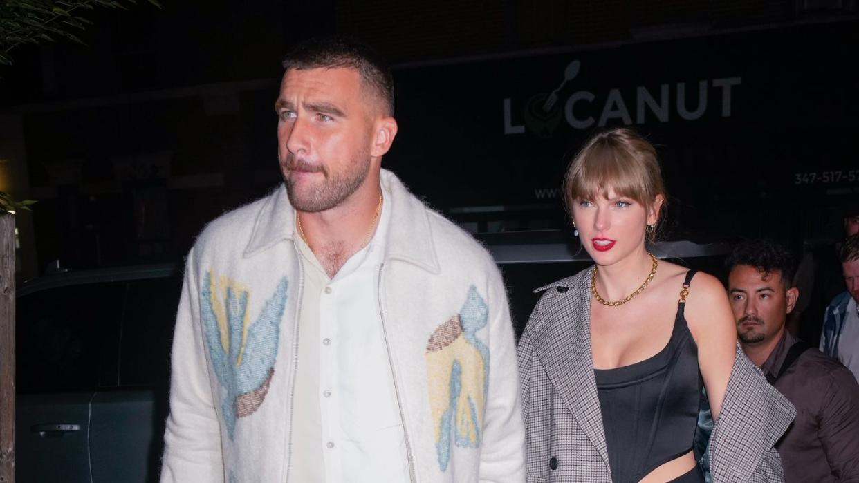 new york, new york october 15 travis kelce and taylor swift arrive at snl afterparty on october 15, 2023 in new york city photo by gothamgc images