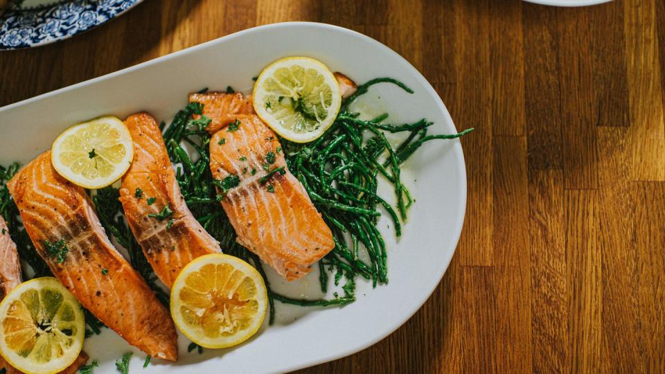 salmon on a serving plate on a table