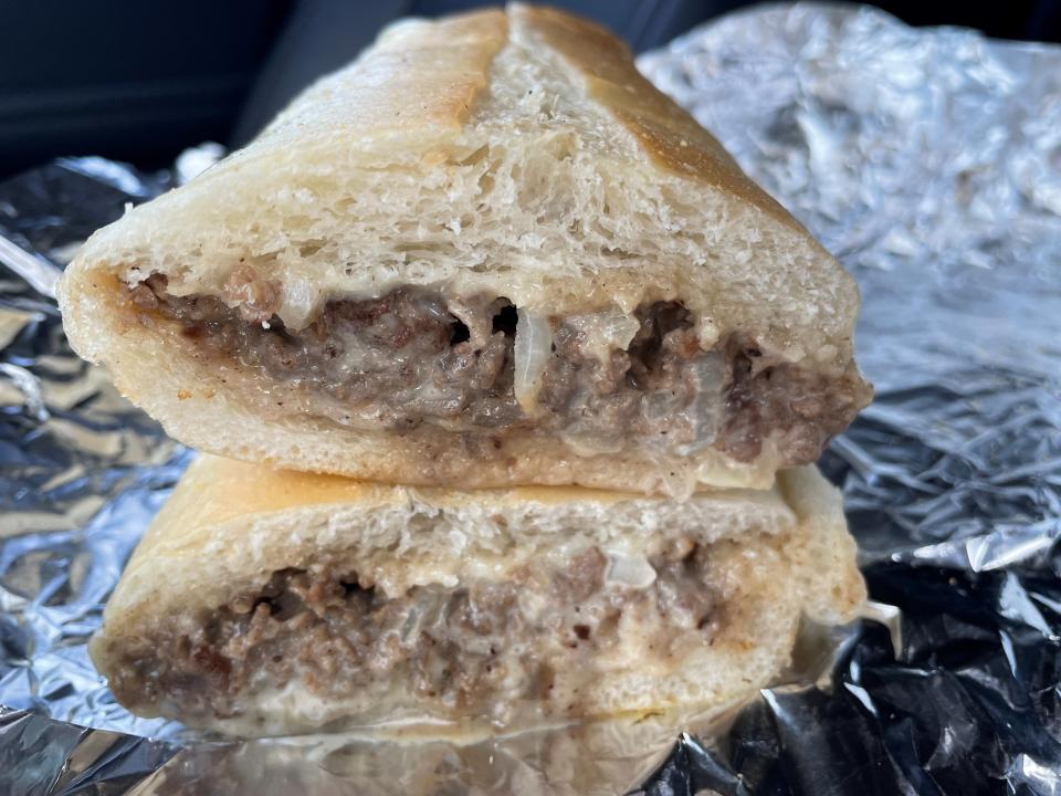 A cheesesteak with onions and white American cheese from Bruno's Pizza & Subs in Neptune City.