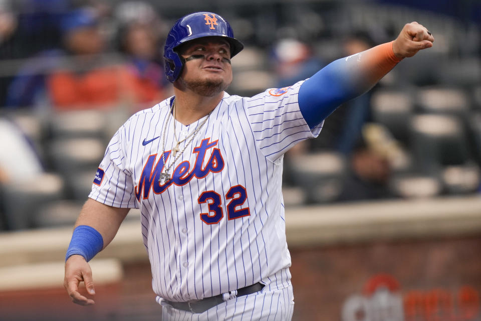 New York Mets' Daniel Vogelbach celebrates after scoring on a double hit by Francisco Alvarez during the sixth inning of the second baseball game of a doubleheader against the Atlanta Braves at Citi Field, Monday, May 1, 2023, in New York. (AP Photo/Seth Wenig)