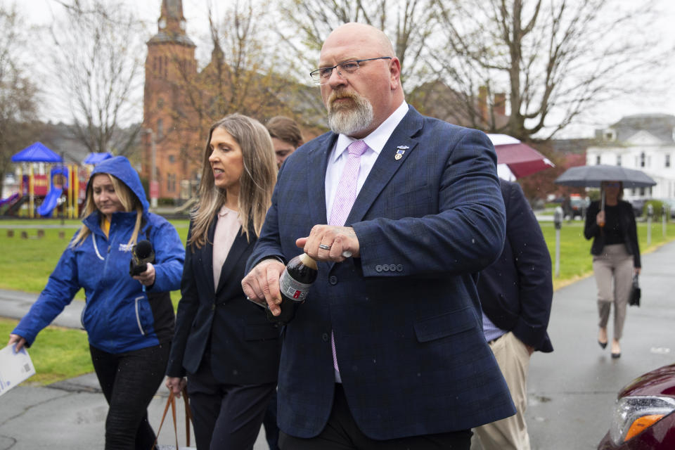 Republican candidate for Pennsylvania lieutenant governor Teddy Daniels departs from the Wayne County Court House in Honesdale, Pa. on Friday, May 6, 2022. Daniels appeared in court on accusations made by his wife that he had been persistently verbally abusive, stalking her at work and keeping her away from family.(Christopher Dolan/The Times-Tribune via AP)