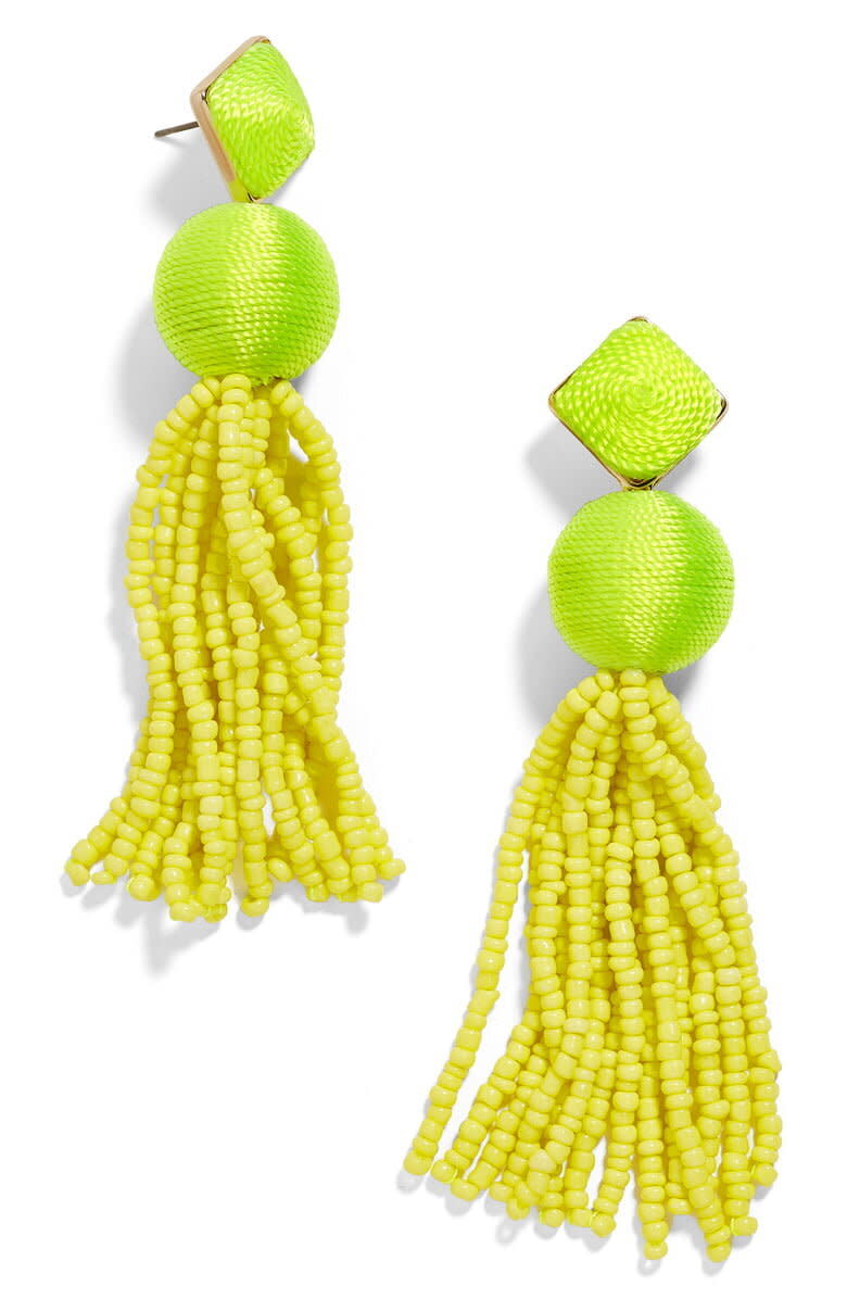 <strong><a href="https://shop.nordstrom.com/s/baublebar-azura-beaded-tassel-earrings/5237671" target="_blank" rel="noopener noreferrer">Get the Baublebar Azura beaded tassel earrings in neon yellow for $38.</a></strong>