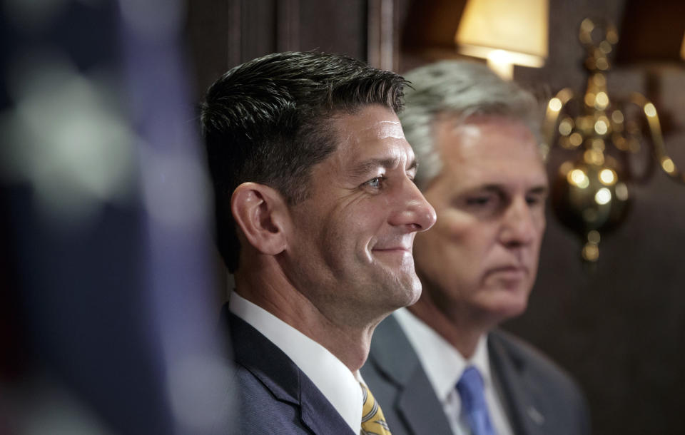 Speaker of the House Paul Ryan, R-Wis., joined at right by Majority Leader Kevin McCarthy, R-Calif., speaks following a closed-door Republican strategy session at Republican National Committee Headquarters on Capitol Hill in Washington, Tuesday, Sept. 26, 2017. The White House and congressional Republicans are finalizing a tax plan that would slash the corporate rate while likely reducing the levy for the wealthiest Americans, with President Donald Trump ready to roll out the policy proposal at midweek. (AP Photo/J. Scott Applewhite)