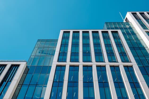 View from below of highrise office towers in the City of London.