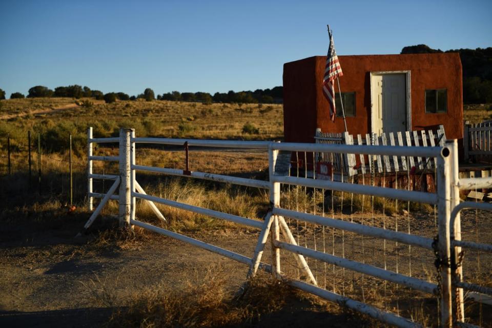 <div class="inline-image__caption"><p>The entrance to the Bonanza Creek Ranch, where “Rust” was filming. </p></div> <div class="inline-image__credit">PATRICK T. FALLON/AFP via Getty</div>
