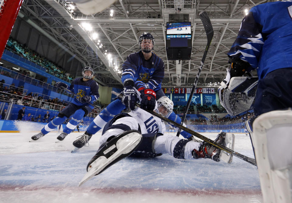 <p>Mira Jalosuo of Finland, checks Haley Skarupa of the United States during the Women’s Ice Hockey Preliminary Round – Group A game between Finland and the United States on day one of the PyeongChang 2018 Winter Olympic Games at Kwandong Hockey Centre on February 11, 2018 in Gangneung, South Korea. (Photo byGrigory Dukor – Pool/Getty Images) </p>