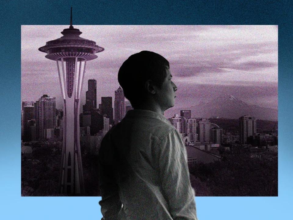 photo compilation of person looking out on Seattle skyline