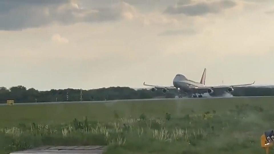 A dramatic emergency landing Sunday caught on video shows part of a plane's landing gear snap off during touchdown in Luxembourg on Sunday, May 14, 2023.