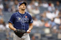 Tampa Bay Rays starting pitcher Rich Hill reacts during the fourth inning of a baseball game against the New York Yankees on Monday, May 31, 2021, in New York. (AP Photo/Adam Hunger)