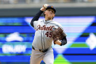 Detroit Tigers pitcher Reese Olson (45) throws during the second inning of a baseball game against the Minnesota Twins, Saturday, April 20, 2024, in Minneapolis. (AP Photo/Stacy Bengs)