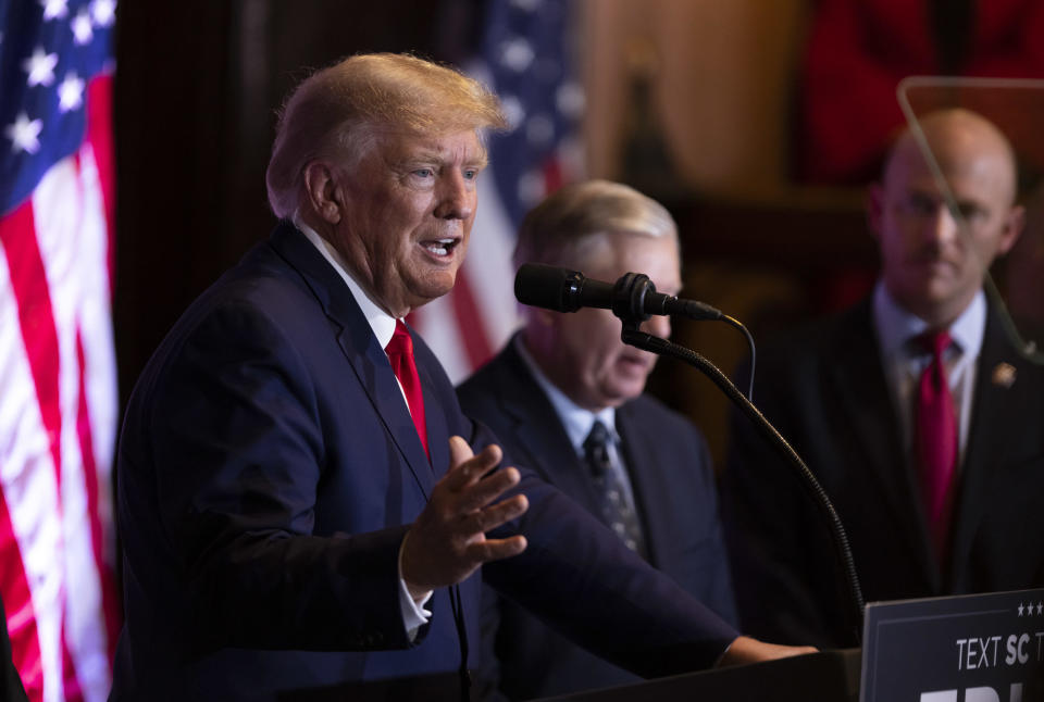 Former U.S. President Donald Trump speaks during a campaign event at the South Carolina State House in Columbia, South Carolina, on Jan. 28, 2023.  / Credit: Bloomberg via Getty Images