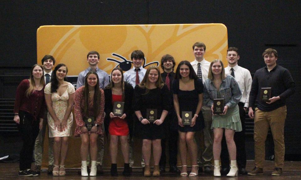 Hillsdale senior student athletes received their LCAA Scholar Athlete plaques recognizing their academic and athletic achievements. Pictured here are honorees Chloe Easterday, Jack Granata, Lillyana Macie, Shae Arnold, Peter Moore, Megan Rufenacht, Soren Gambill, Addison Hoffman, Christopher Matzke, Grace Terpening, Gavin Wickham, Bethany Taylor, Trevor Wagler and Brody Young. Honoree Kiera Young is not pictured.