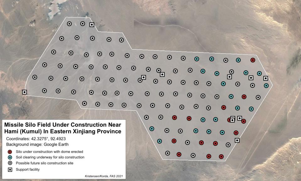 The scientists’ graphic showing where they expect future silos could be built on the site (FAS)