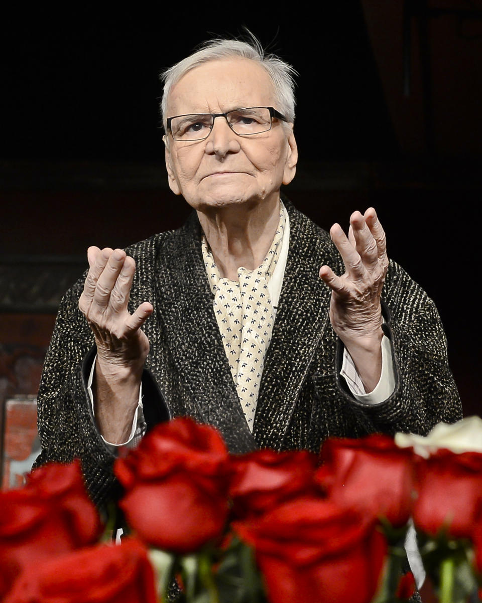 Romanian actor Radu Beligan performs at the National Theatre in Bucharest, Romania, Sunday night, Dec. 15, 2013. Beligan has been declared the world’s oldest active actor at age 95 and celebrated the title, confirmed by Guinness World Records on Sunday, by stepping into the main role of “The Egoist” by French playwright Jean Anouilh, playing aging playwright Leon Saint-Pe for the 330th time.(AP Photo/Silviu Matei/Mediafax) ROMANIA OUT