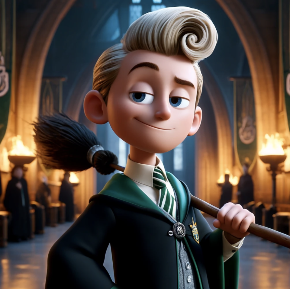 Animated character 'Edgar' from the film 'The Willoughbys', holding a broom in an ornate room