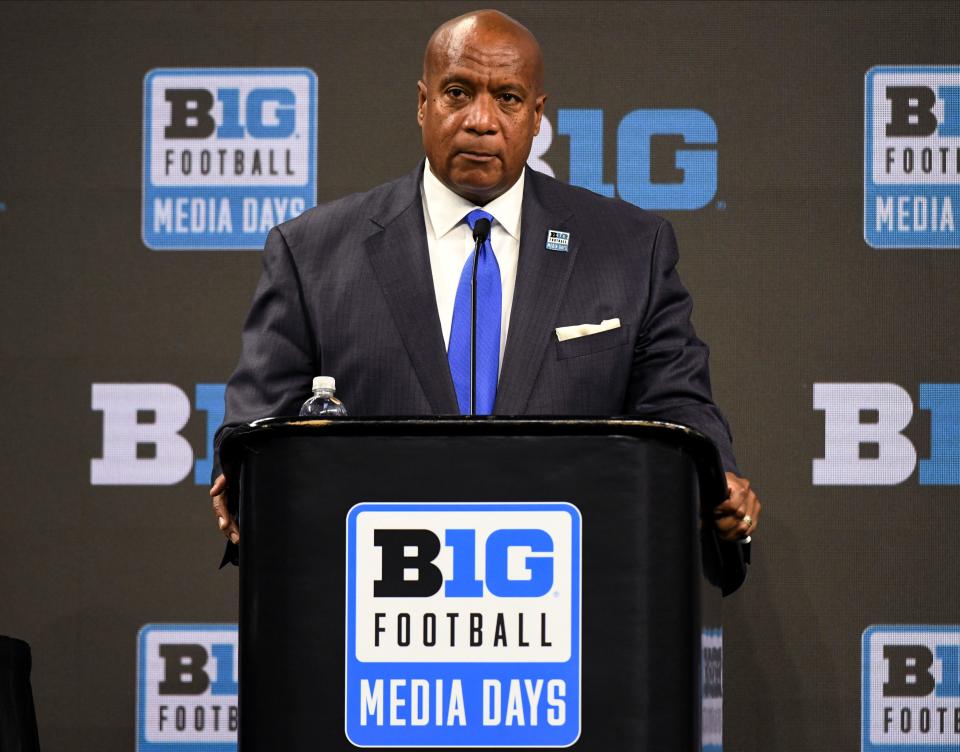 Jul 26, 2022; Indianapolis, IN, USA;  Big Ten commissioner Kevin Warren talks to the media during Big 10 football media days at Lucas Oil Stadium.