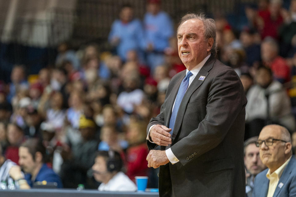 La Salle head coach Fran Dunphy reacts during the first half of an NCAA college basketball game against Dayton Tuesday, Jan. 23, 2024, in Philadelphia. (AP Photo/Chris Szagola)