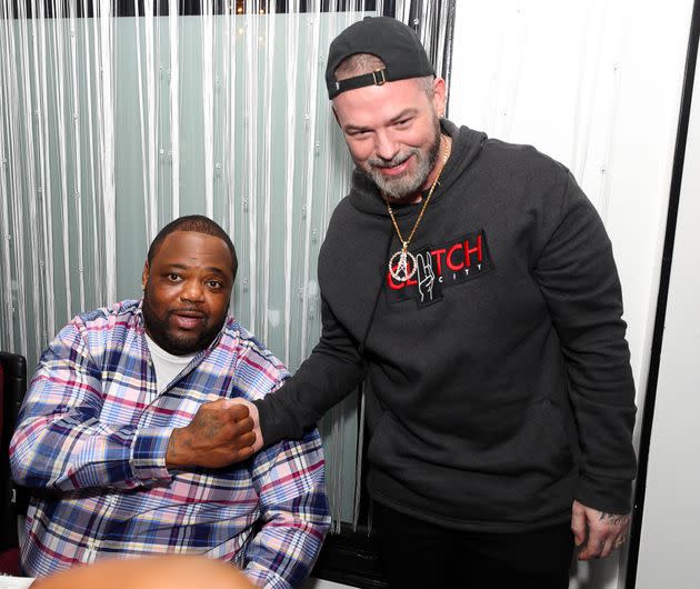 Big Pokey (left) and Paul Wall at the Lil KeKe Legends Only Listening Party Dinner at Five Central Houston on Feb. 8, 2022, in Houston.