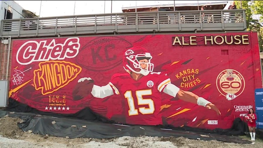 A Chiefs Kingdom mural outside Ale House in Westport Kansas City. (FOX4 photo)