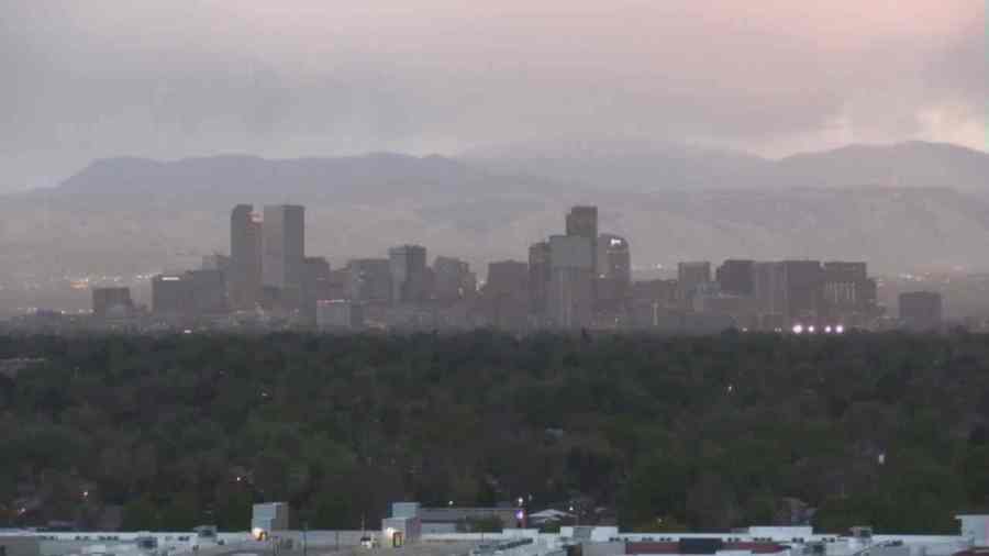 Denver skyline seen from Central Park at sunset on May 12, 2024.