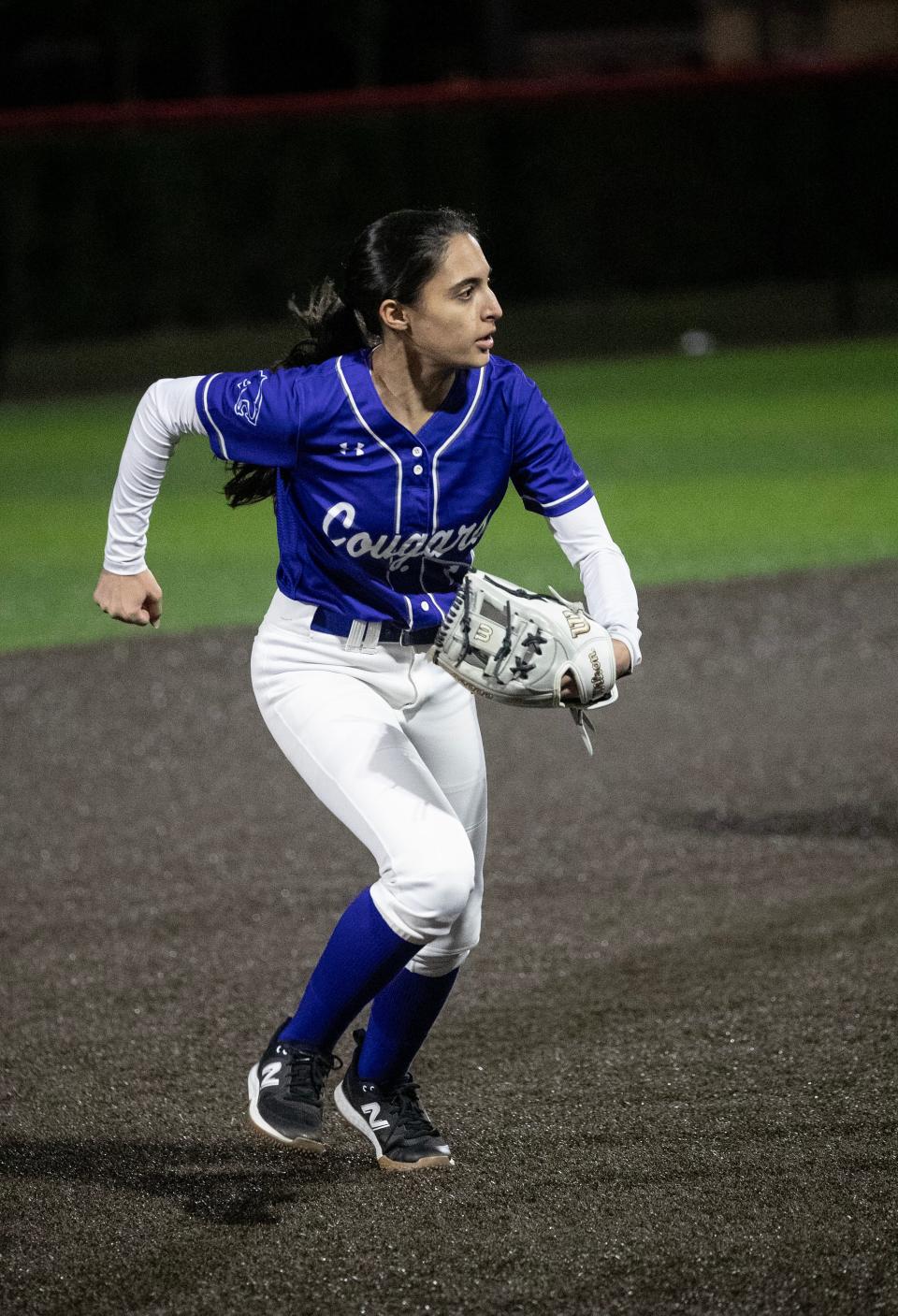 Sheila Forbes of Barron Collier runs to make a catch against ECS on Tuesday, Feb. 20, 2024, in Fort Myers.