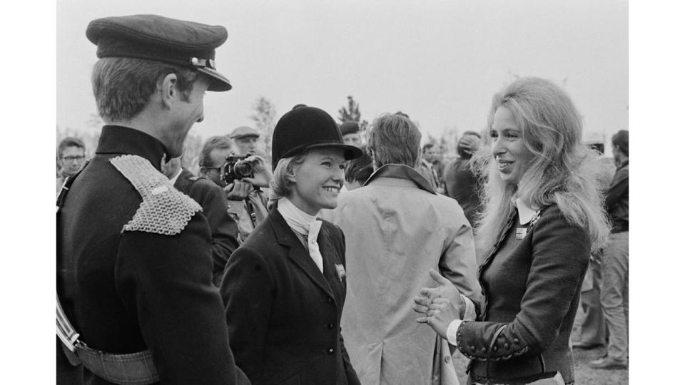 Princess Anne wears her rarely-seen long hair down as she meets the British equestrian team at the 1972 Summer Olympics