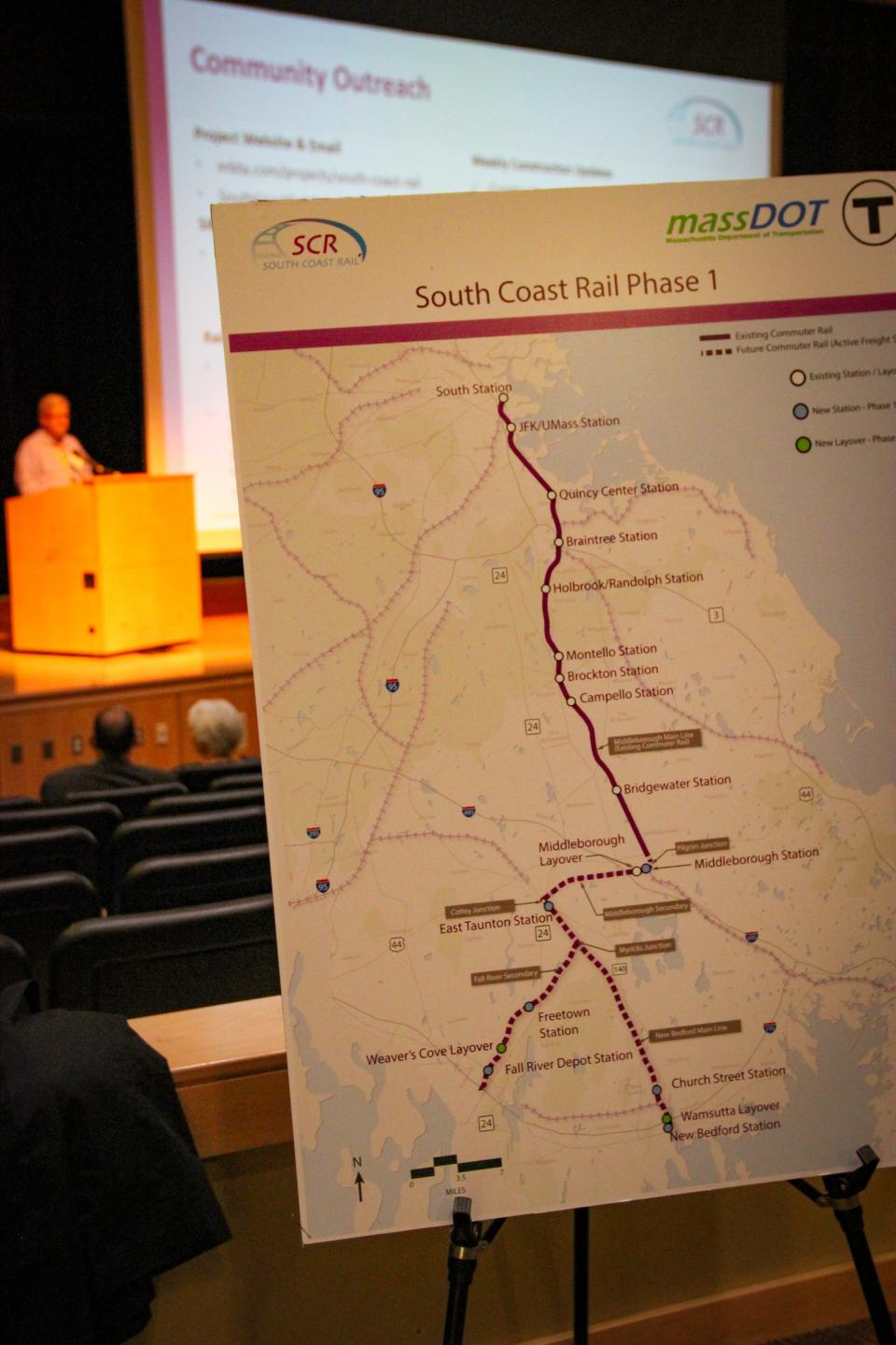 A poster indicates the map for South Coast Rail's Phase 1 work at the Morton Middle School auditorium on Thursday.