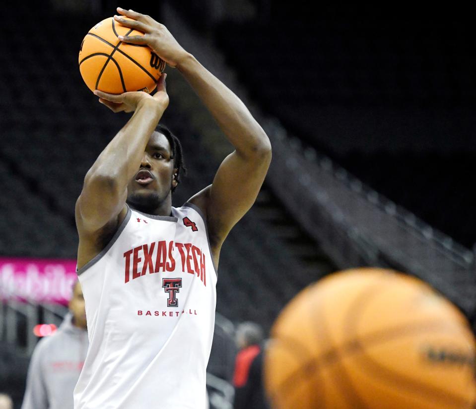 Texas Tech's forward Robert Jennings (4) shoots the ball during practice ahead of the Big 12 basketball tournament, Tuesday, March 7, 2023, at T-Mobile Center in Kansas City. 