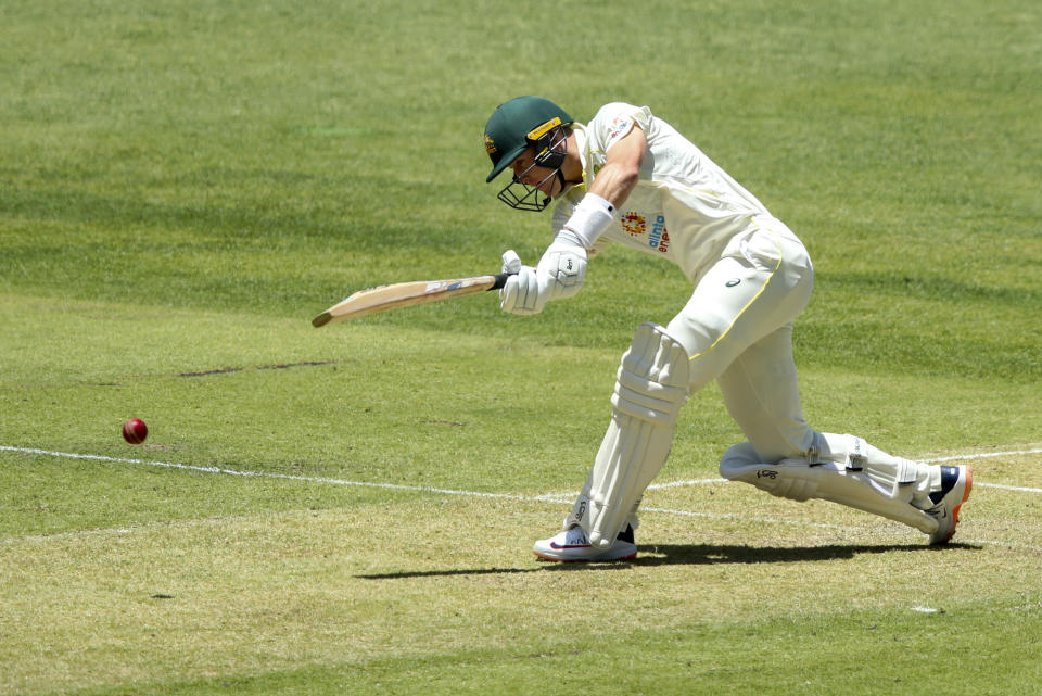 Australia's Marnus Labuschagne bats during play on the first day of the first cricket test between Australia and the West Indies in Perth, Australia, Wednesday, Nov. 30, 2022. (AP Photo/Gary Day)
