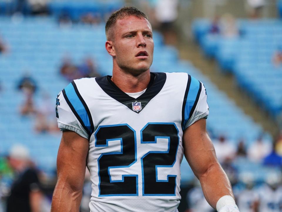 Christian McCaffrey stands during a preseason game.