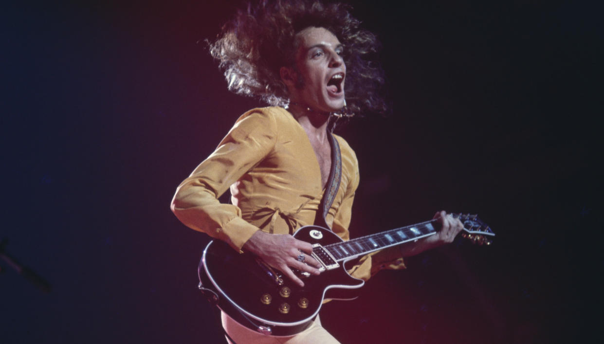  Peter Frampton performs live onstage in 1975. 