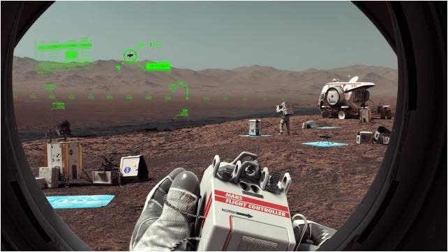 A perspective view through a space helmet on a rusted surface of Mars.  gloved hands hold a Mars flight controller device.  equipment is scattered on the ground.  on the right is another astronaut.