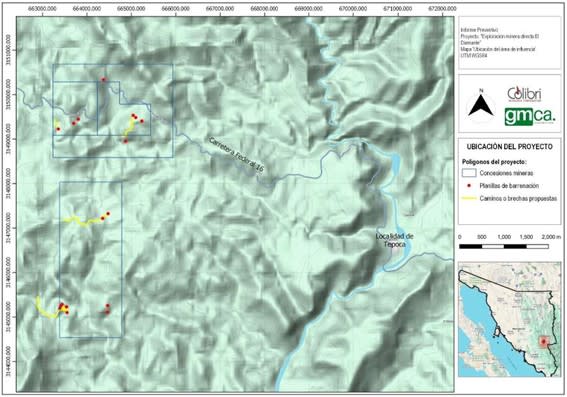 <i>Figure 1. Diamante 1 and 2 Concessions showing regional location in southeastern Sonora State, Mexico. Eight principal drill target areas with 17 permitted pads and requisite access routes (DIA 1 - La Prieta, El Pillado-El Caso-La Cruz, El Chon-El Chon Ouest, DIA 2 - Mezquite Raizudo, Calton, Anomalia Sur) are shown on shaded topography (GMCA report, January 2024).</i>