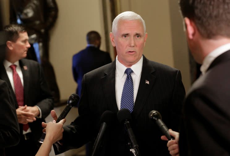 Vice President Mike Pence speaks to reporters at the Capitol on May 10, 2017.