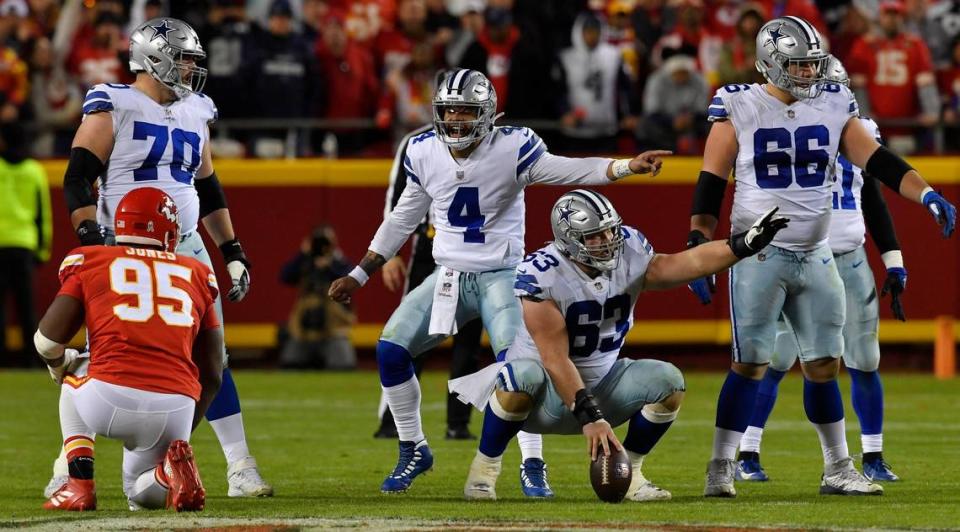 Dallas quarterback Dak Prescott may have been pointing in the opposite direction, but after he took the snap, Kansas City defensive tackle Chris Jones (95) would record another sack, during the second half of Sunday’s NFL game at Arrowhead Stadium.
