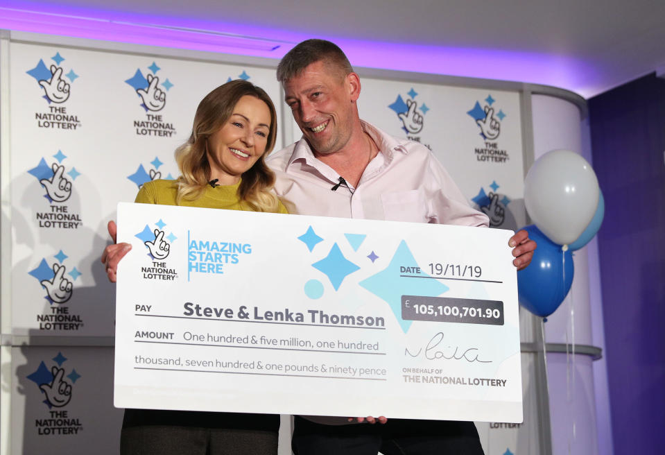 Self-employed builder Steve Thomson, 42, and his wife Lenka Thomson, 41, from Selsey, West Sussex, celebrate their �105 million EuroMillions win at the Hilton Avisford Park, Walberton, West Sussex.