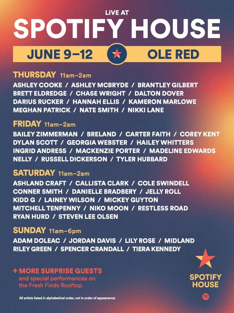 Spotify's live event schedule features legacy stars, No. 1 hitmakers, emerging performers and more at Ole Red from June 9-12, 2022