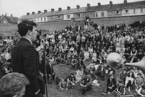 Addressing a Catholic meeting at the Celtic Park GAA ground in Derry, before a parade by the Protestant Apprentice Boys of Derry, 10 August 1969 (Getty)