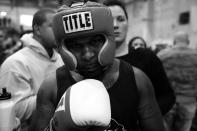 <p>EMS officer Kwane Mendez gets set to enter the ring during the “Bronx Tough Turkey Tussle” at the New York Expo Center in the Bronx, New York, on Nov. 16, 2017. (Photo: Gordon Donovan/Yahoo News) </p>