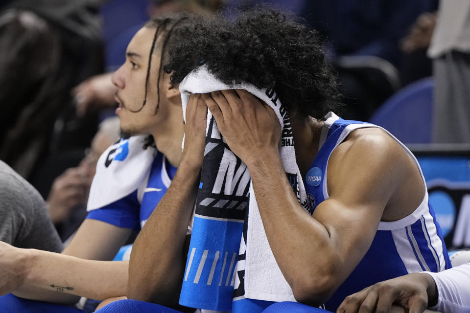 Kentucky forward Jacob Toppin sits on the bench during their loss against Kansas State in a second-round college basketball game in the NCAA Tournament on Sunday, March 19, 2023, in Greensboro, N.C. (AP Photo/Chris Carlson)