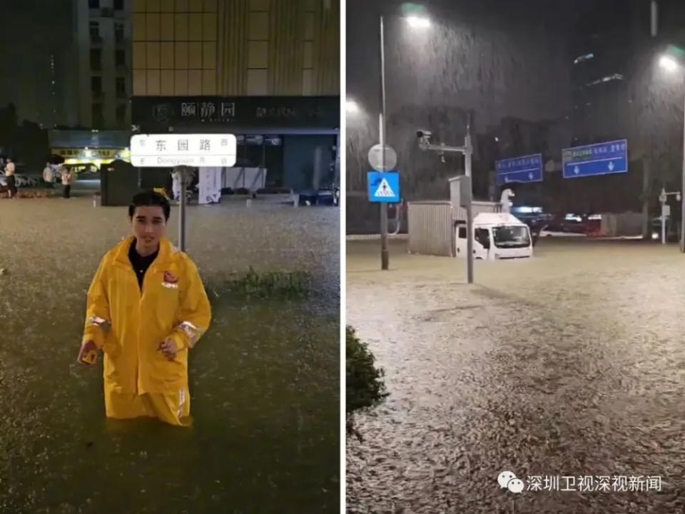 中國深圳近期深受洪災所害。在福田南園街道東園路，路面積水仍有 60 公分左右。   圖：翻攝自深圳衛視深視新聞