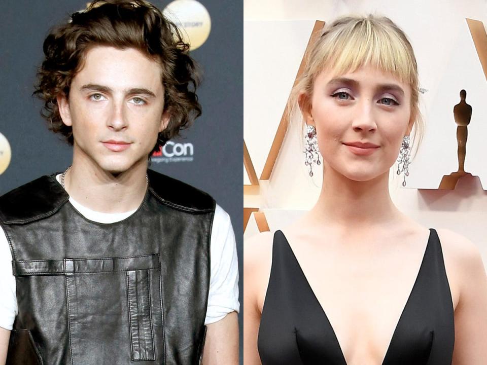 separate photos of timothee chalamet and saoirse ronan posing on red carpets