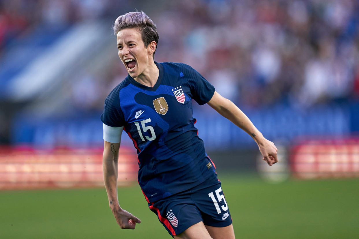 Image: Megan Rapinoe celebrates after scoring a goal during the SheBelieves Cup match between United States and Japan on March 11, 2020,  in Frisco, Texas. (Robin Alam / Icon Sportswire via Getty Images)