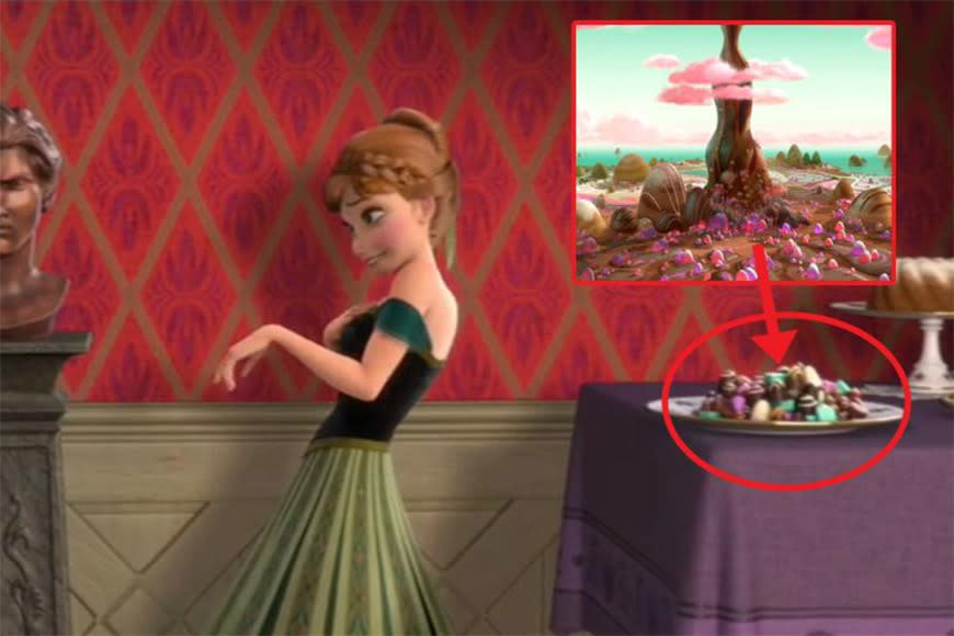 The plate of chocolates that Anna stuffs into her mouth during 'For The First Time In Forever’ is a nod to Sugar Rush, the sickly-sweet fantasy world of Disney’s last animation ‘Wreck-It Ralph’.