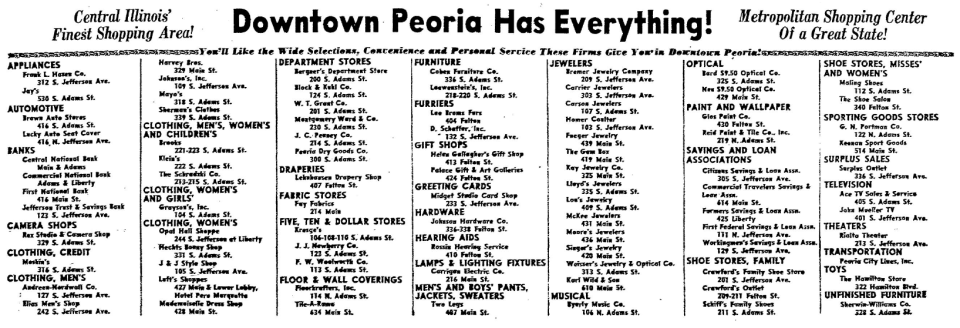 Detail from a full-page ad in the Dec. 16, 1956, Journal Star. Boasting "Downtown Peoria Has Everything!" the ad listed nearly 100 downtown retailers.