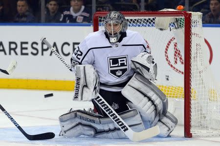 Dec 15, 2017; New York, NY, USA; Los Angeles Kings goalie Jonathan Quick (32) makes a save against the New York Rangers during the second period at Madison Square Garden. Mandatory Credit: Brad Penner-USA TODAY Sports