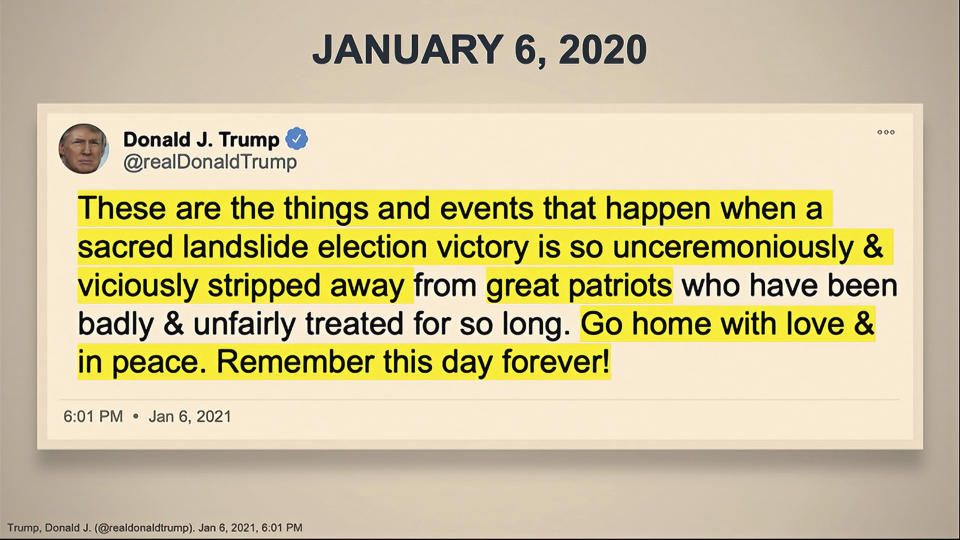 In this image from video, a Tweet is shown to senators as House impeachment manager Rep. Joaquin Castro, D-Texas, speaks during the second impeachment trial of former President Donald Trump in the Senate at the U.S. Capitol in Washington, Wednesday, Feb. 10, 2021. (Senate Television via AP)