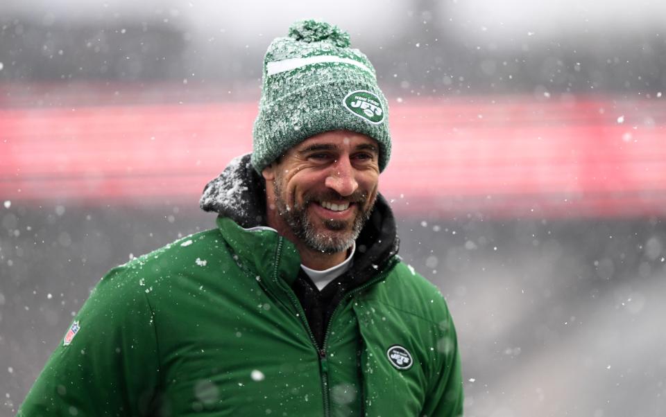 Jan 7, 2024; Foxborough, Massachusetts, USA; New York Jets quarterback Aaron Rodgers (8) walks off of the field before a game against the New England Patriots at Gillette Stadium. Mandatory Credit: Brian Fluharty-USA TODAY Sports