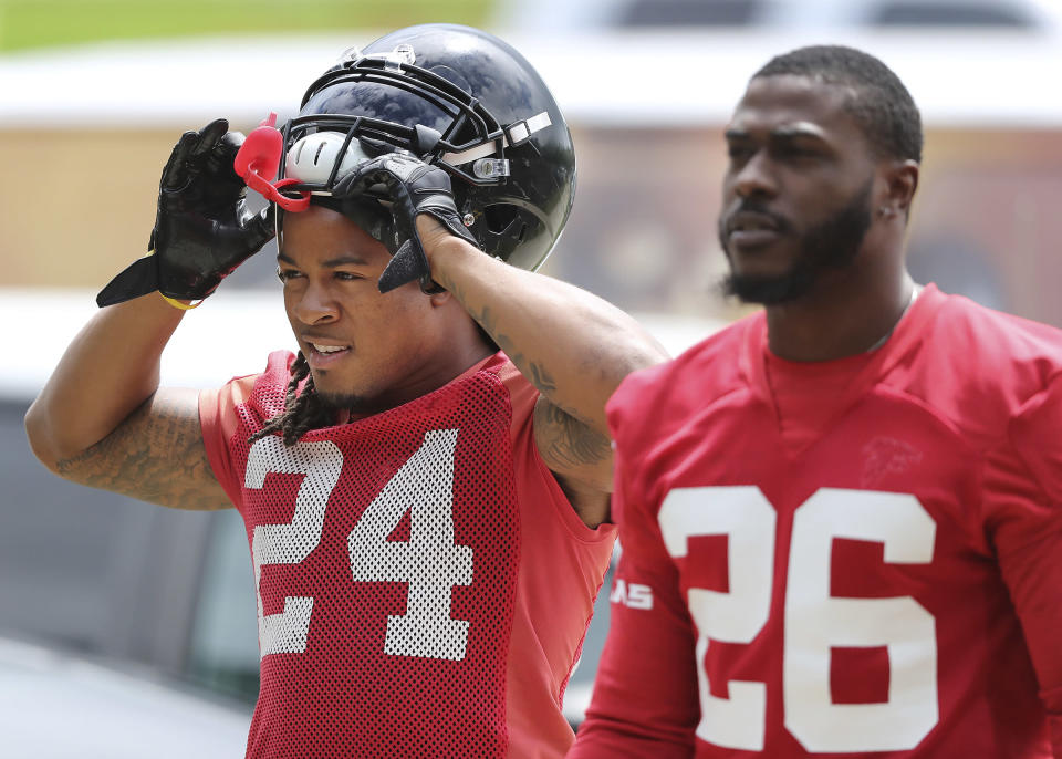 Someday, Devonta Freeman and Tevin Coleman are headed to the RBBC Hall of Fame. (Curtis Compton/Atlanta Journal-Constitution via AP)