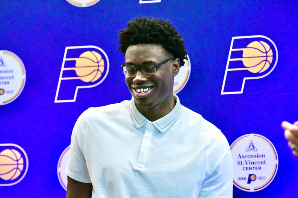 Jalen Smith smiles while being introduced at a Pacers press conference at Ascension St. Vincent Center in Indianapolis on July 6, 2022. Smith signed with Indiana in free agency.